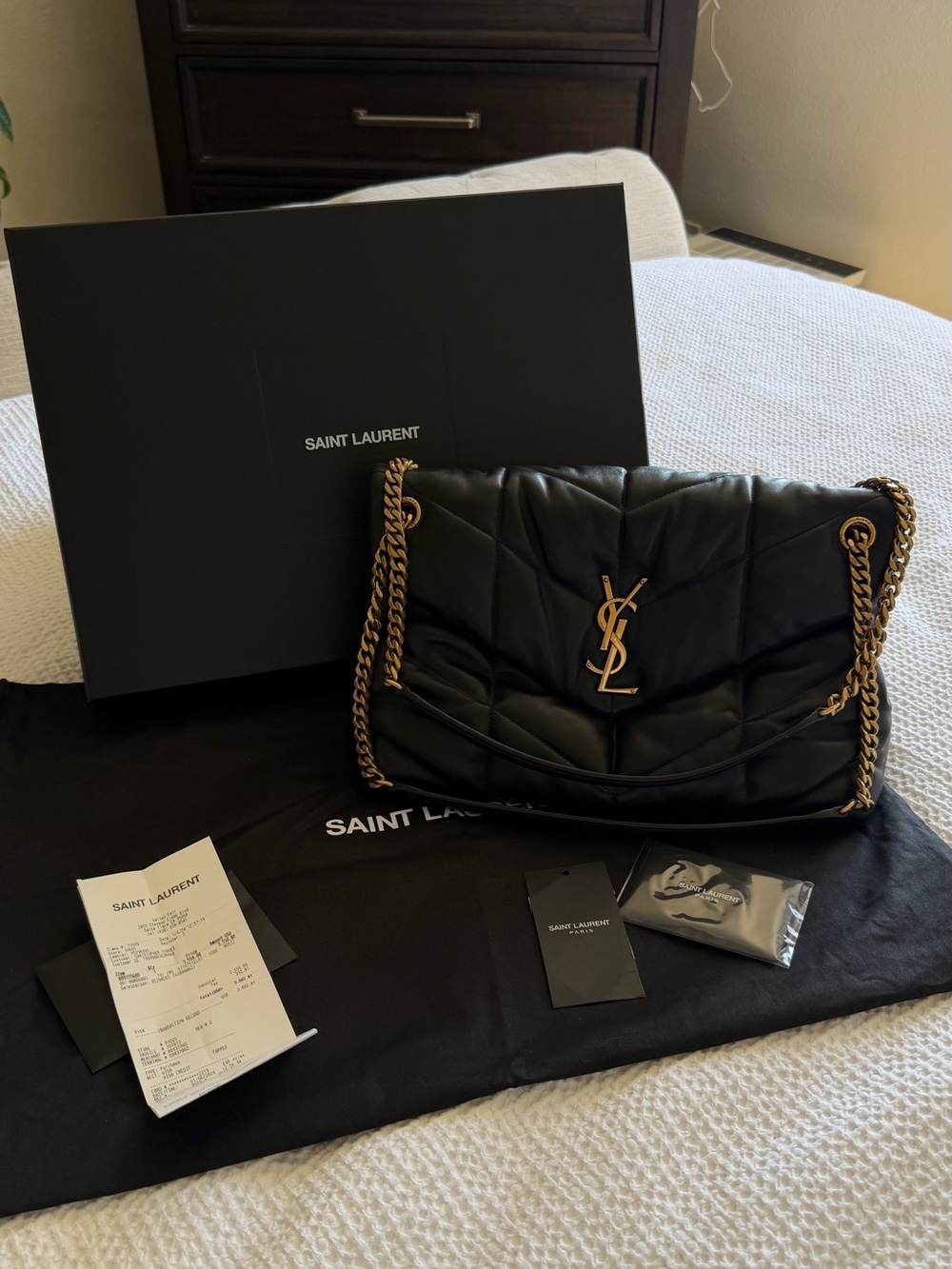 Saint Laurent Black Quilted Puffer Shoulder Bag with Gold Chain